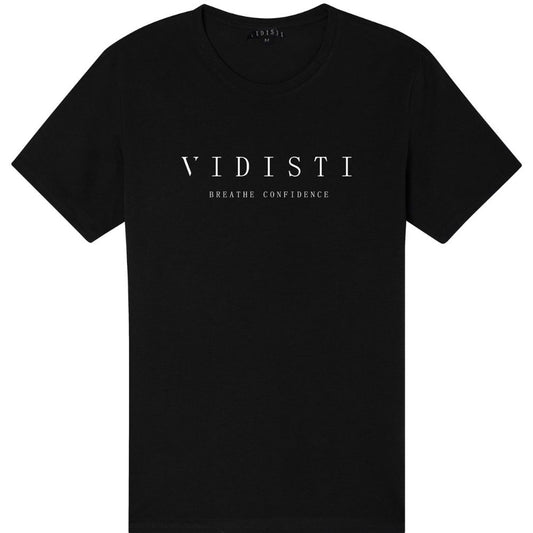 Black t-shirt with 'VIDISTI' logo and text on a white background